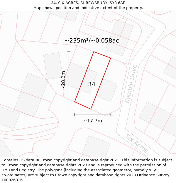 34, SIX ACRES, SHREWSBURY, SY3 6AF: Plot and title map