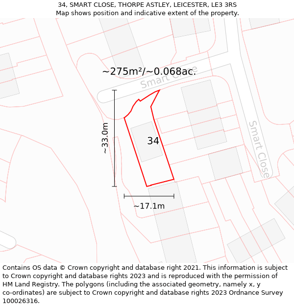 34, SMART CLOSE, THORPE ASTLEY, LEICESTER, LE3 3RS: Plot and title map