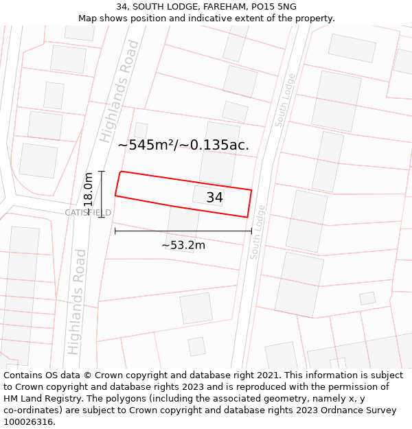 34, SOUTH LODGE, FAREHAM, PO15 5NG: Plot and title map