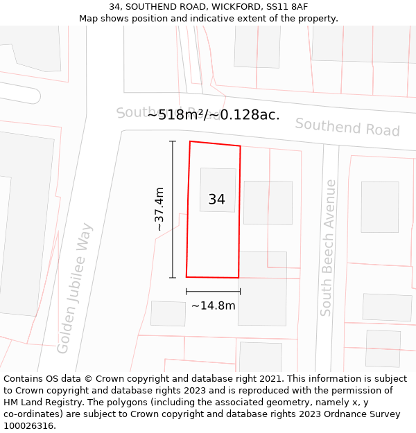 34, SOUTHEND ROAD, WICKFORD, SS11 8AF: Plot and title map
