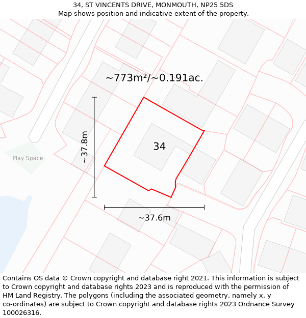 34, ST VINCENTS DRIVE, MONMOUTH, NP25 5DS: Plot and title map