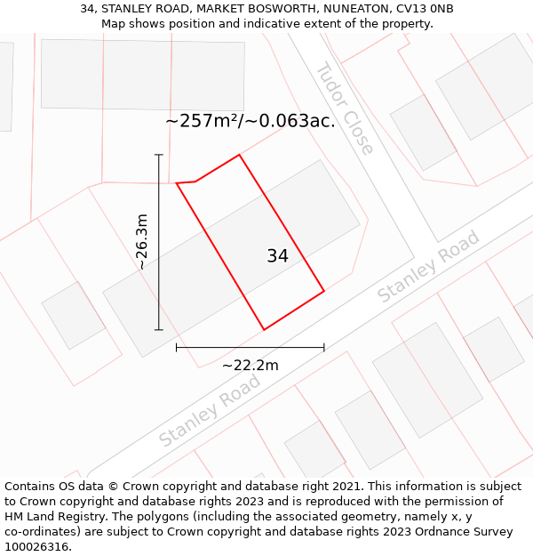 34, STANLEY ROAD, MARKET BOSWORTH, NUNEATON, CV13 0NB: Plot and title map