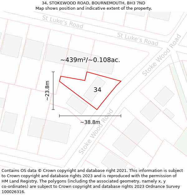 34, STOKEWOOD ROAD, BOURNEMOUTH, BH3 7ND: Plot and title map