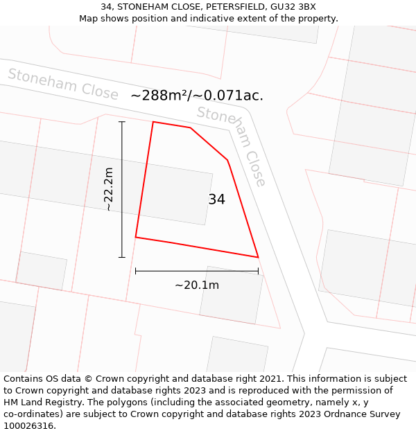 34, STONEHAM CLOSE, PETERSFIELD, GU32 3BX: Plot and title map