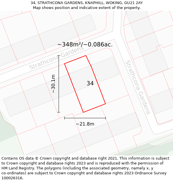 34, STRATHCONA GARDENS, KNAPHILL, WOKING, GU21 2AY: Plot and title map