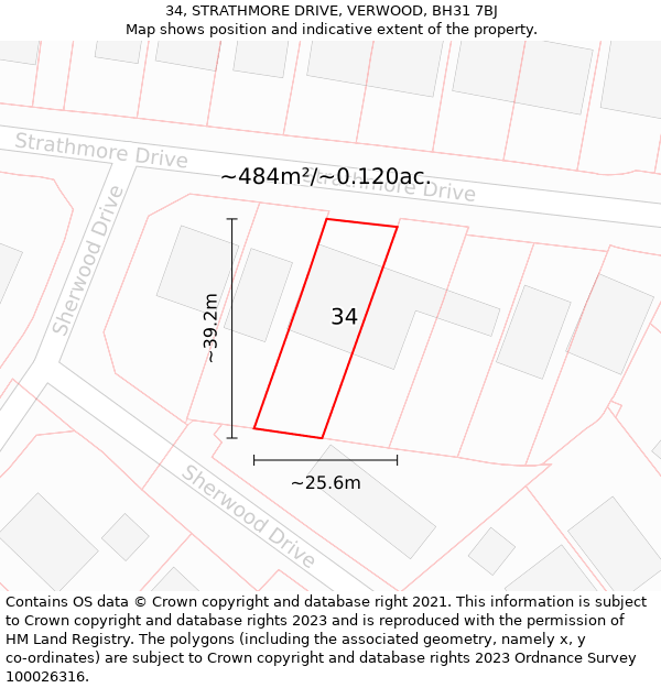 34, STRATHMORE DRIVE, VERWOOD, BH31 7BJ: Plot and title map