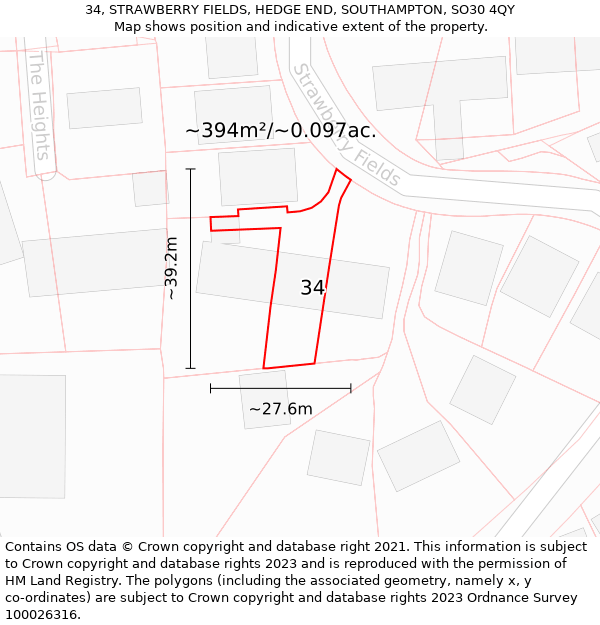 34, STRAWBERRY FIELDS, HEDGE END, SOUTHAMPTON, SO30 4QY: Plot and title map