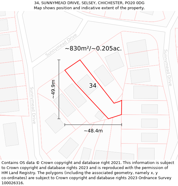 34, SUNNYMEAD DRIVE, SELSEY, CHICHESTER, PO20 0DG: Plot and title map