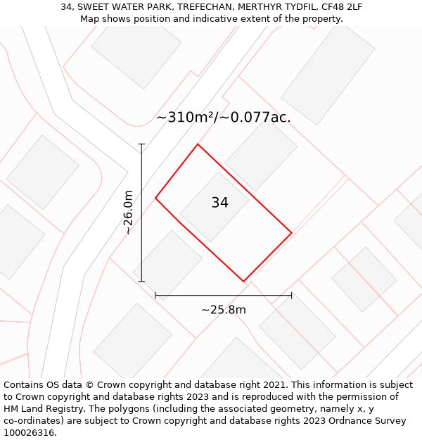 34, SWEET WATER PARK, TREFECHAN, MERTHYR TYDFIL, CF48 2LF: Plot and title map