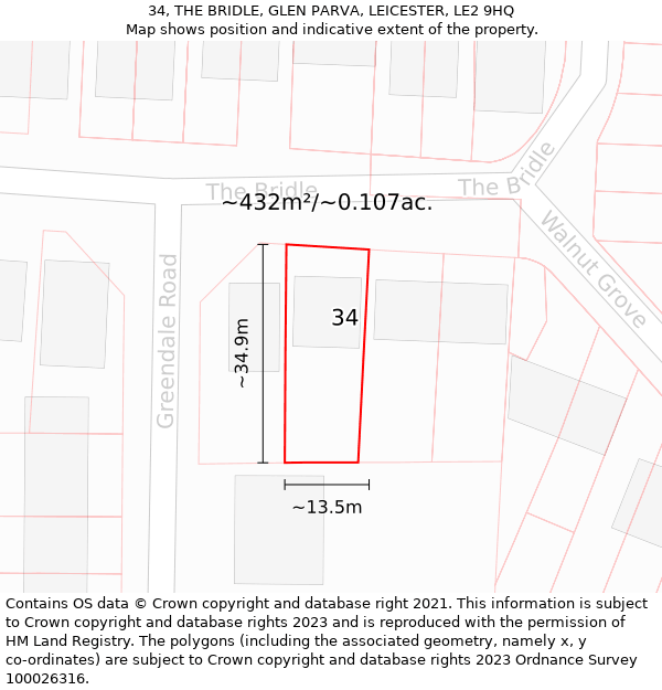 34, THE BRIDLE, GLEN PARVA, LEICESTER, LE2 9HQ: Plot and title map