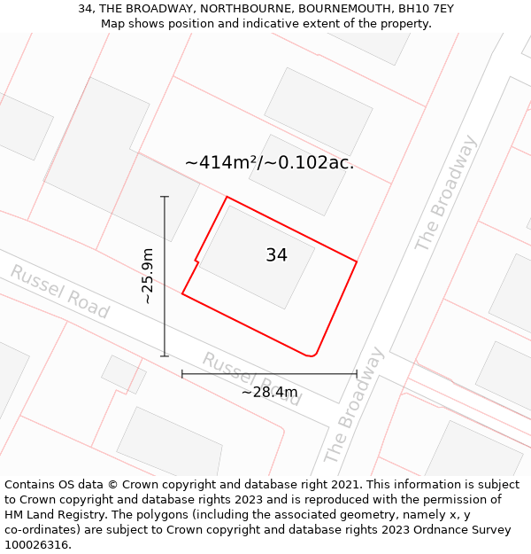 34, THE BROADWAY, NORTHBOURNE, BOURNEMOUTH, BH10 7EY: Plot and title map