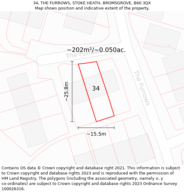 34, THE FURROWS, STOKE HEATH, BROMSGROVE, B60 3QX: Plot and title map