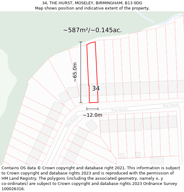 34, THE HURST, MOSELEY, BIRMINGHAM, B13 0DG: Plot and title map