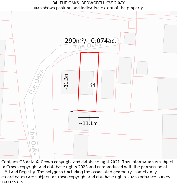 34, THE OAKS, BEDWORTH, CV12 0AY: Plot and title map