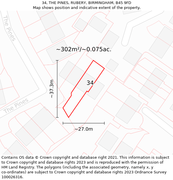 34, THE PINES, RUBERY, BIRMINGHAM, B45 9FD: Plot and title map