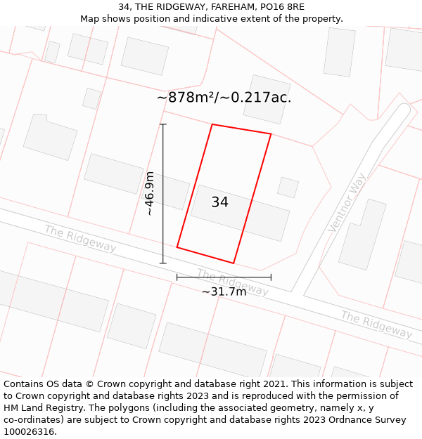 34, THE RIDGEWAY, FAREHAM, PO16 8RE: Plot and title map