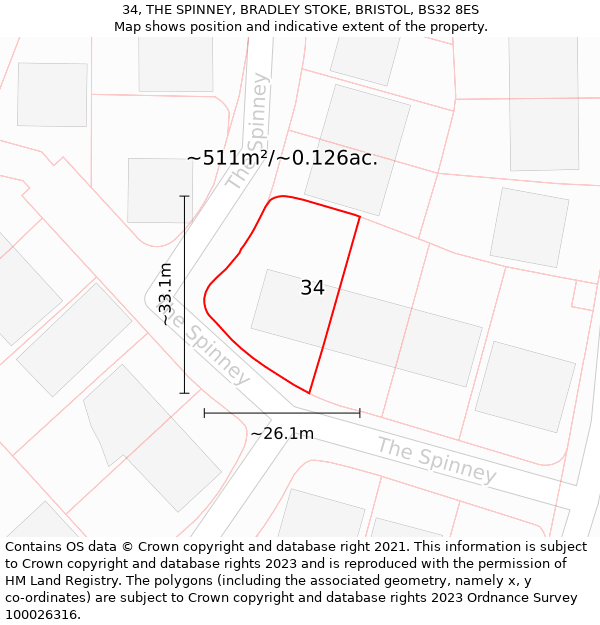 34, THE SPINNEY, BRADLEY STOKE, BRISTOL, BS32 8ES: Plot and title map