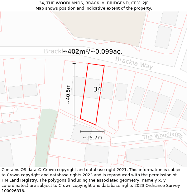 34, THE WOODLANDS, BRACKLA, BRIDGEND, CF31 2JF: Plot and title map