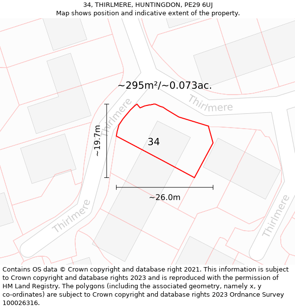 34, THIRLMERE, HUNTINGDON, PE29 6UJ: Plot and title map