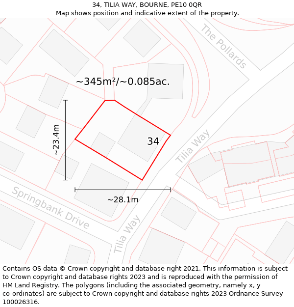 34, TILIA WAY, BOURNE, PE10 0QR: Plot and title map