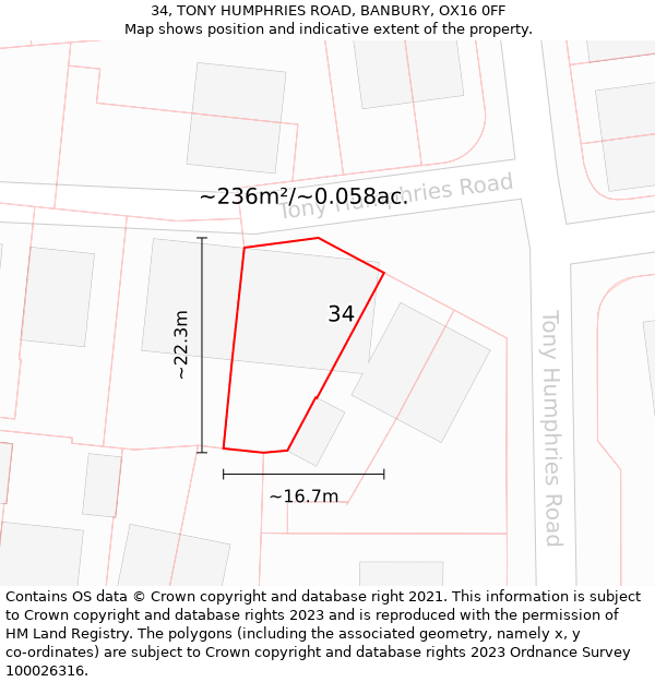 34, TONY HUMPHRIES ROAD, BANBURY, OX16 0FF: Plot and title map