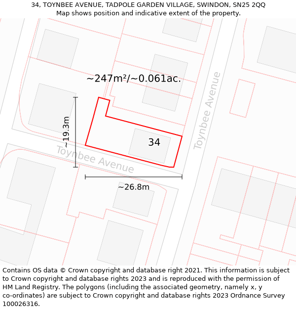 34, TOYNBEE AVENUE, TADPOLE GARDEN VILLAGE, SWINDON, SN25 2QQ: Plot and title map