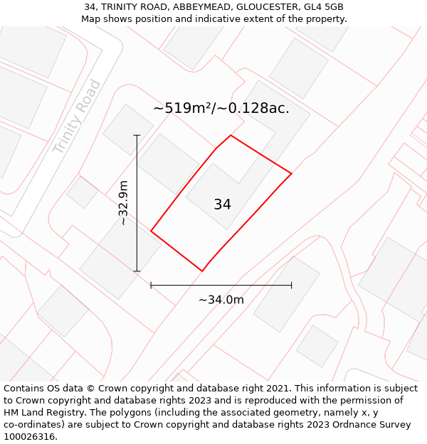 34, TRINITY ROAD, ABBEYMEAD, GLOUCESTER, GL4 5GB: Plot and title map