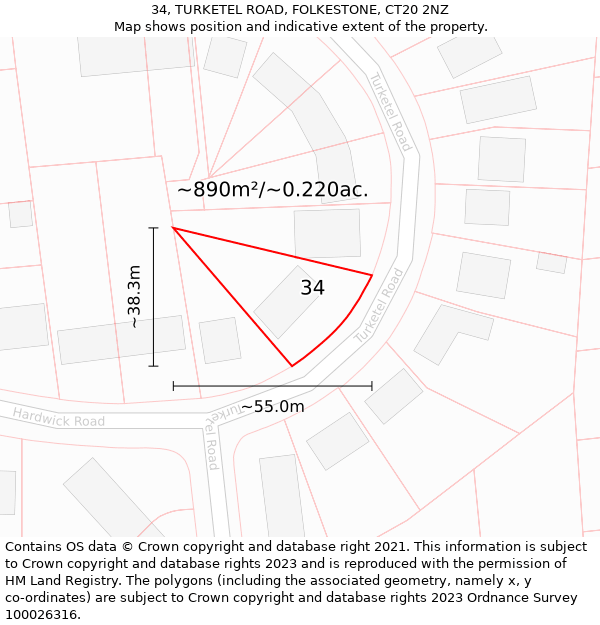 34, TURKETEL ROAD, FOLKESTONE, CT20 2NZ: Plot and title map