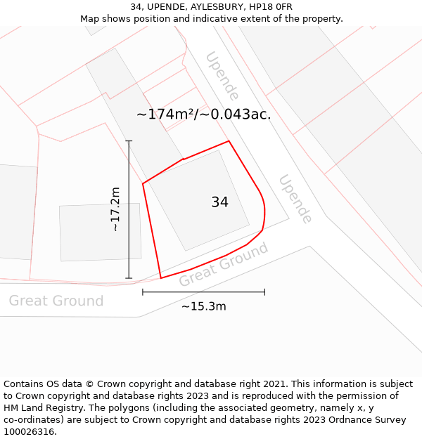 34, UPENDE, AYLESBURY, HP18 0FR: Plot and title map