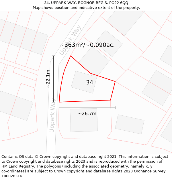 34, UPPARK WAY, BOGNOR REGIS, PO22 6QQ: Plot and title map