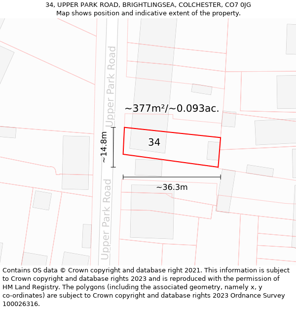 34, UPPER PARK ROAD, BRIGHTLINGSEA, COLCHESTER, CO7 0JG: Plot and title map