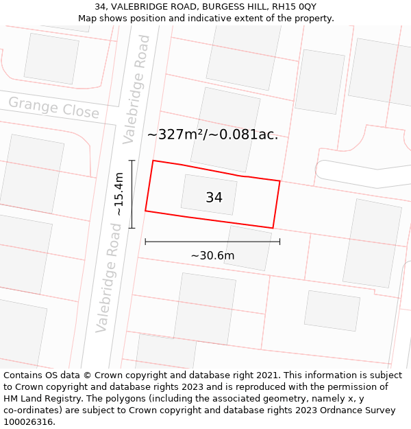 34, VALEBRIDGE ROAD, BURGESS HILL, RH15 0QY: Plot and title map