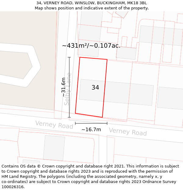 34, VERNEY ROAD, WINSLOW, BUCKINGHAM, MK18 3BL: Plot and title map