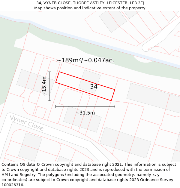 34, VYNER CLOSE, THORPE ASTLEY, LEICESTER, LE3 3EJ: Plot and title map