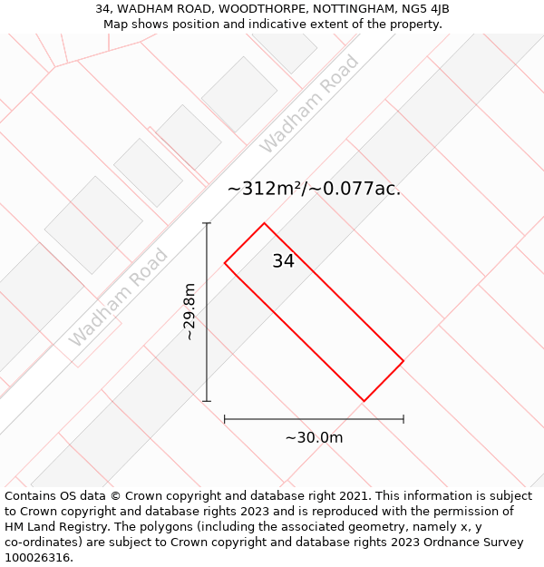 34, WADHAM ROAD, WOODTHORPE, NOTTINGHAM, NG5 4JB: Plot and title map