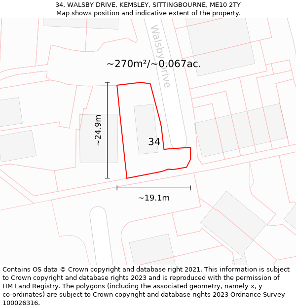 34, WALSBY DRIVE, KEMSLEY, SITTINGBOURNE, ME10 2TY: Plot and title map