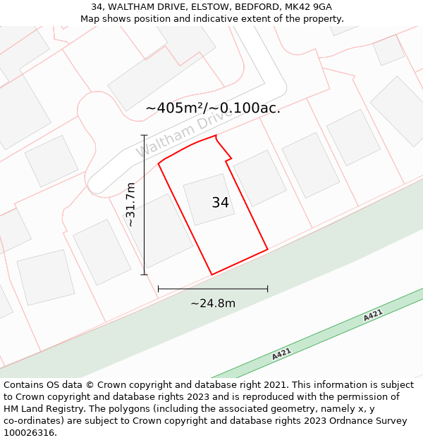 34, WALTHAM DRIVE, ELSTOW, BEDFORD, MK42 9GA: Plot and title map