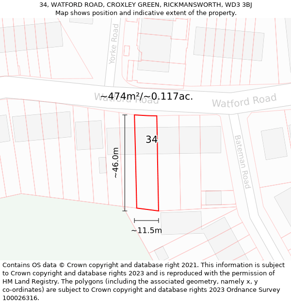 34, WATFORD ROAD, CROXLEY GREEN, RICKMANSWORTH, WD3 3BJ: Plot and title map