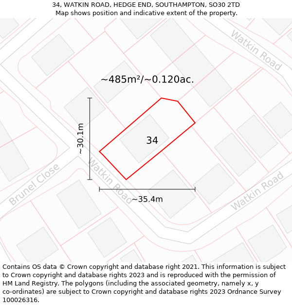 34, WATKIN ROAD, HEDGE END, SOUTHAMPTON, SO30 2TD: Plot and title map