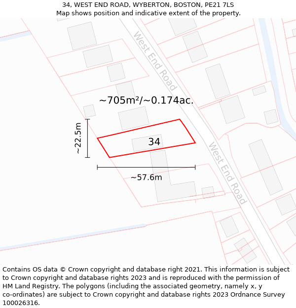 34, WEST END ROAD, WYBERTON, BOSTON, PE21 7LS: Plot and title map
