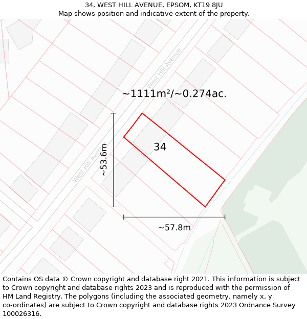 34, WEST HILL AVENUE, EPSOM, KT19 8JU: Plot and title map