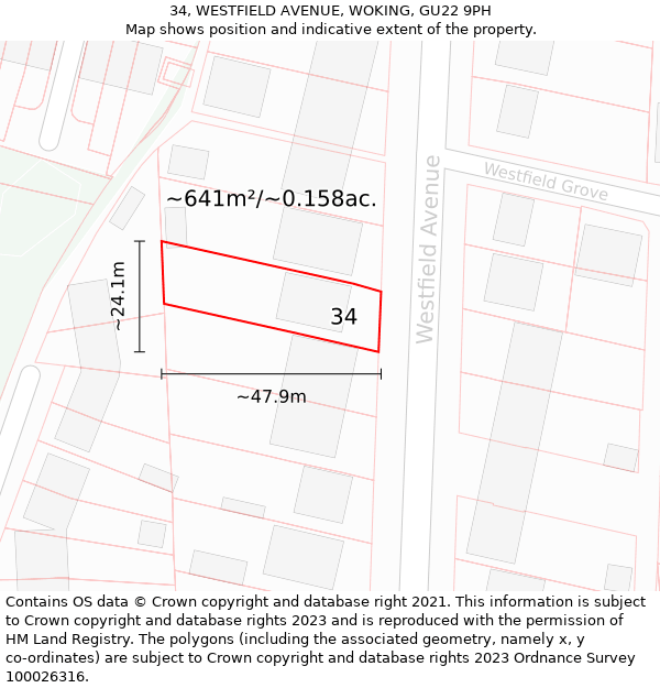 34, WESTFIELD AVENUE, WOKING, GU22 9PH: Plot and title map