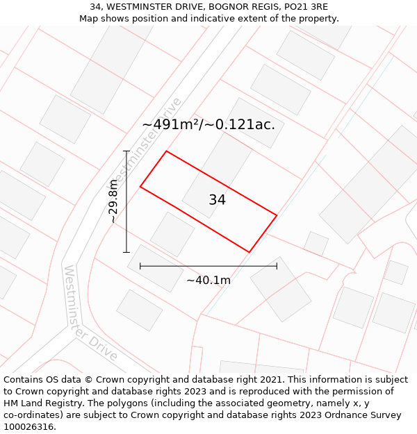 34, WESTMINSTER DRIVE, BOGNOR REGIS, PO21 3RE: Plot and title map