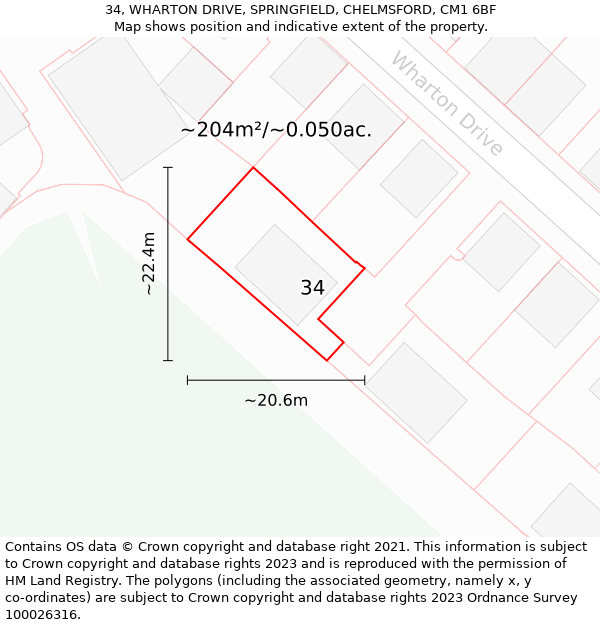 34, WHARTON DRIVE, SPRINGFIELD, CHELMSFORD, CM1 6BF: Plot and title map