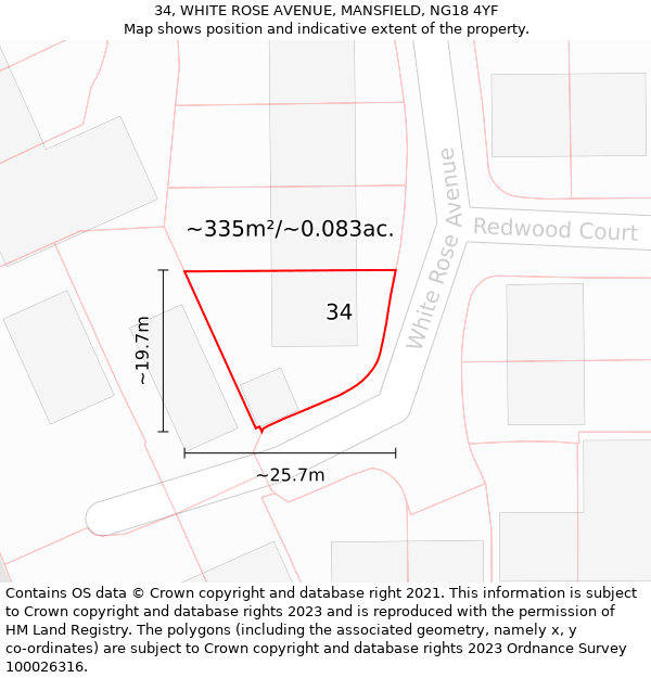 34, WHITE ROSE AVENUE, MANSFIELD, NG18 4YF: Plot and title map