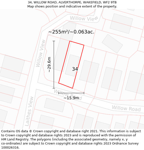 34, WILLOW ROAD, ALVERTHORPE, WAKEFIELD, WF2 9TB: Plot and title map