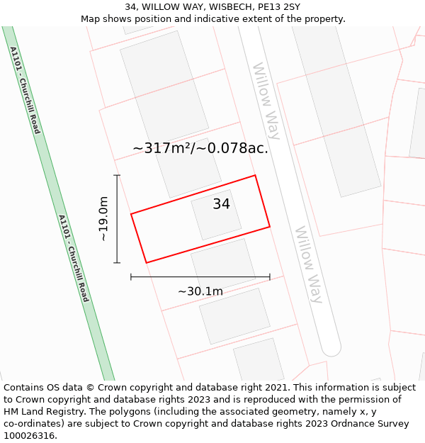 34, WILLOW WAY, WISBECH, PE13 2SY: Plot and title map
