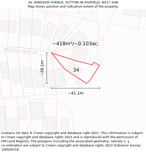 34, WINDSOR AVENUE, SUTTON-IN-ASHFIELD, NG17 2HN: Plot and title map