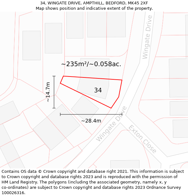 34, WINGATE DRIVE, AMPTHILL, BEDFORD, MK45 2XF: Plot and title map