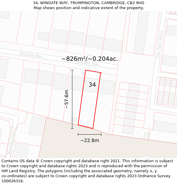 34, WINGATE WAY, TRUMPINGTON, CAMBRIDGE, CB2 9HD: Plot and title map